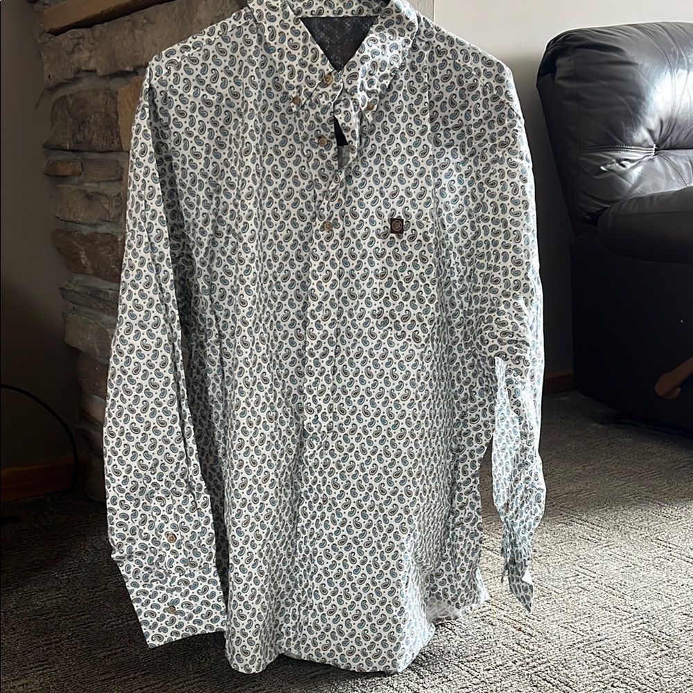 Wrangler Blue and Black Dress Shirt with Geometric Print